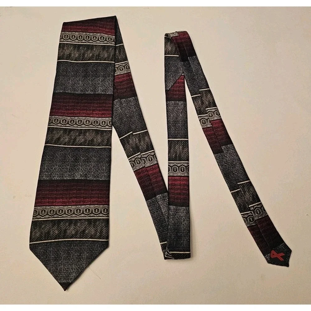 We Care Mens Silk Tie Red Black Grey White Striped Geometric Classic 3.75x56